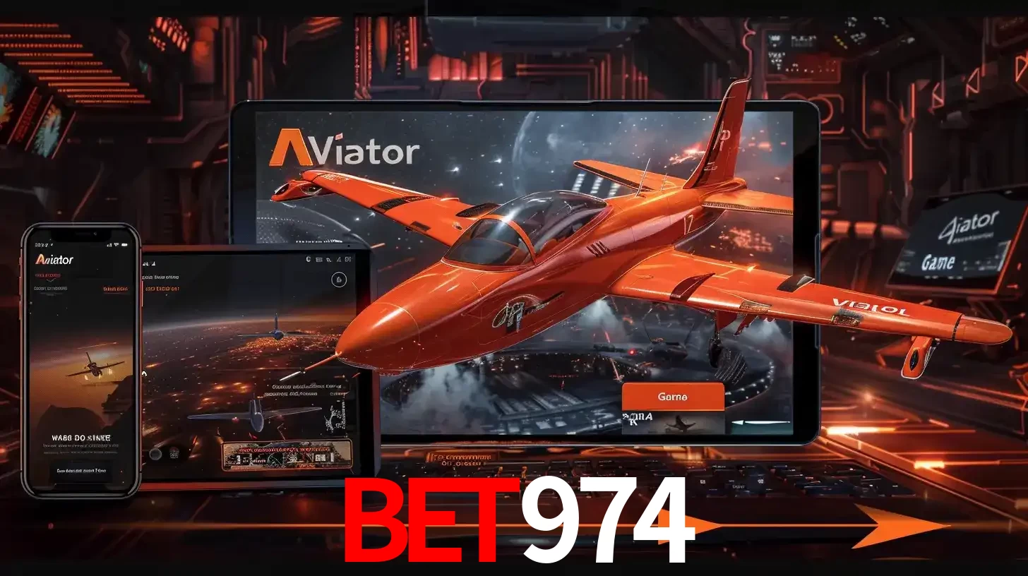 Apresentação tecnológica do jogo Aviator com um avião saindo da tela de um tablet, demonstrando a experiência imersiva em múltiplos dispositivos no BET974.