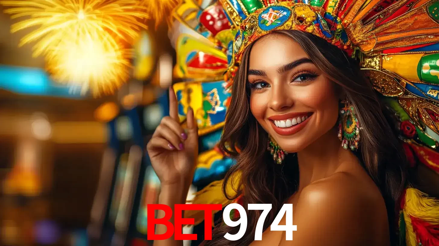 Mulher sorridente com um cocar de carnaval vibrante e colorido, celebrando uma grande vitória nos jogos do cassino BET974 com fogos de artifício ao fundo.