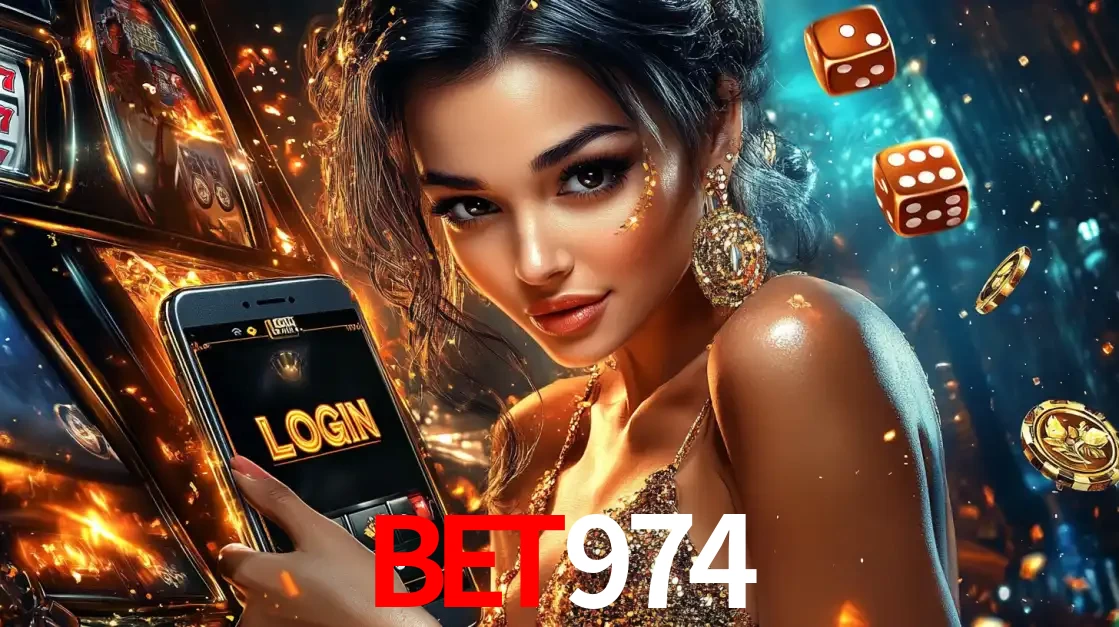 Mulher glamourosa segurando um celular com a tela de login do cassino BET974, rodeada por dados e moedas douradas, pronta para começar a diversão.