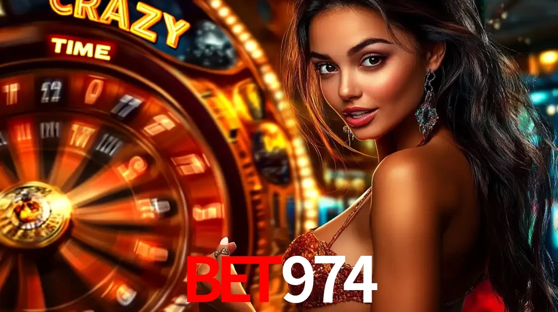 Mulher ao lado da roda de prêmios do jogo de cassino ao vivo Crazy Time, um dos shows de jogos mais emocionantes oferecidos pela plataforma de apostas BET974.