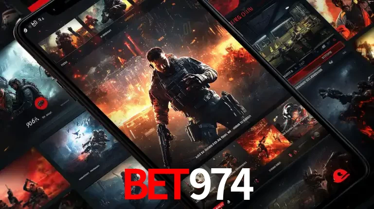Tela de um celular exibindo uma galeria de jogos de tiro com temática militar, mostrando a variedade de e-sports disponíveis para apostas na plataforma de entretenimento BET974.