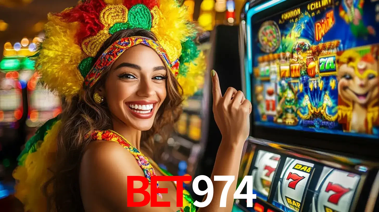 Mulher animada com um cocar de carnaval apontando para uma máquina de caça-níqueis, mostrando a emoção de ganhar um grande prêmio nos jogos do BET974.