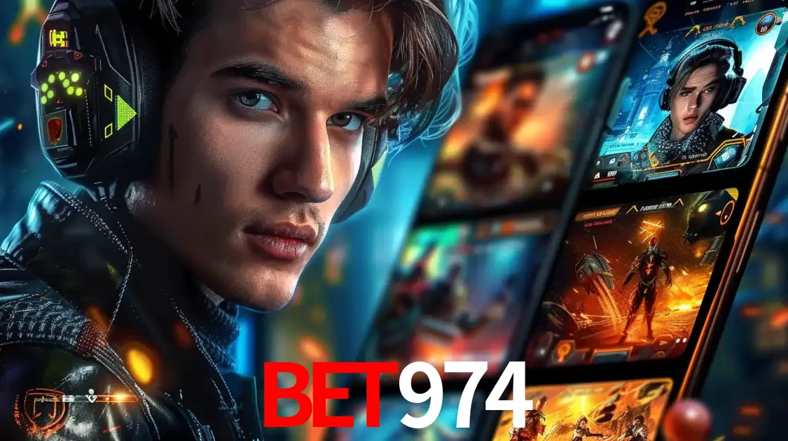 Jovem jogador com fones de ouvido olhando para a câmera, com um aplicativo de jogos e e-sports para celular ao fundo, pronto para a competição e apostas no BET974.