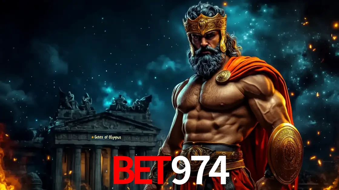 O poderoso Zeus do jogo de slot Gates of Olympus em frente ao seu templo, pronto para lançar multiplicadores divinos e prêmios épicos no cassino online BET974.