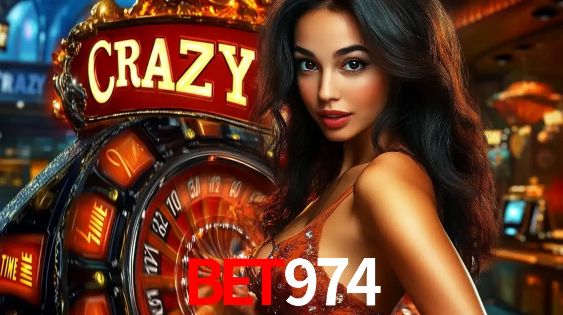 Mulher glamourosa olhando para a câmera com a roda vermelha do Crazy Time ao fundo em um ambiente de cassino, destacando a emoção dos jogos ao vivo no BET974.