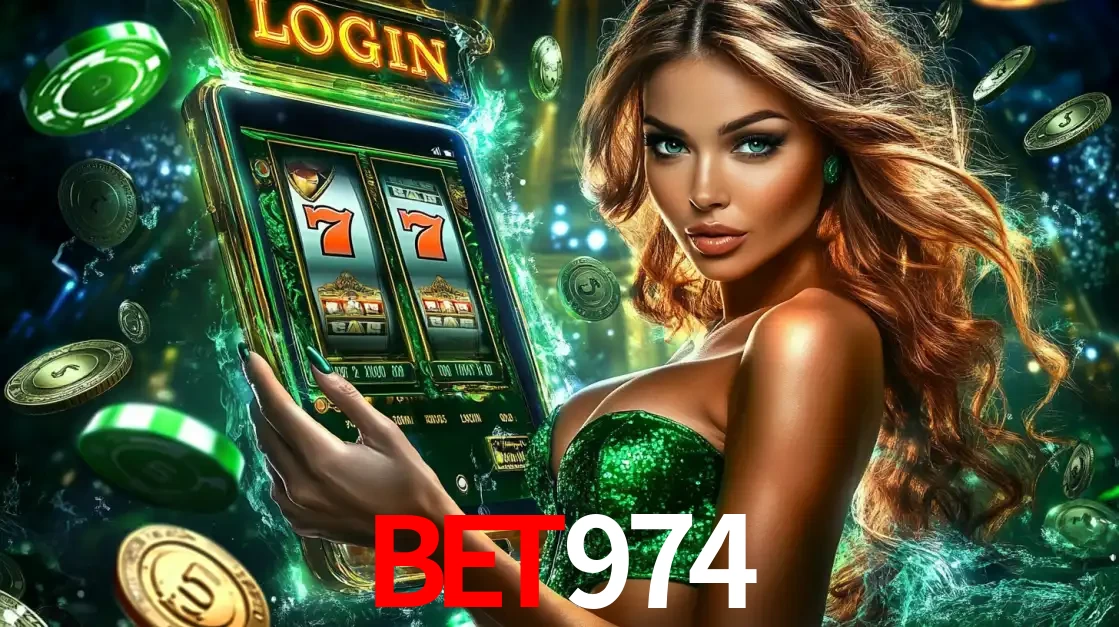 Mulher com tema verde apresentando o aplicativo do cassino BET974 com um jogo de slot de 777, cercada por fichas de cassino e uma aura de sorte.