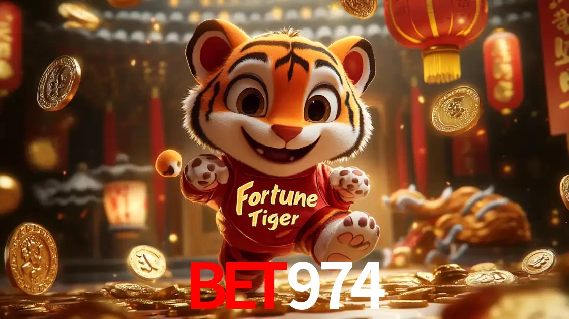 O alegre personagem do Fortune Tiger correndo sobre um caminho de moedas de ouro, simbolizando os grandes prêmios e a diversão do popular jogo de slot do BET974.