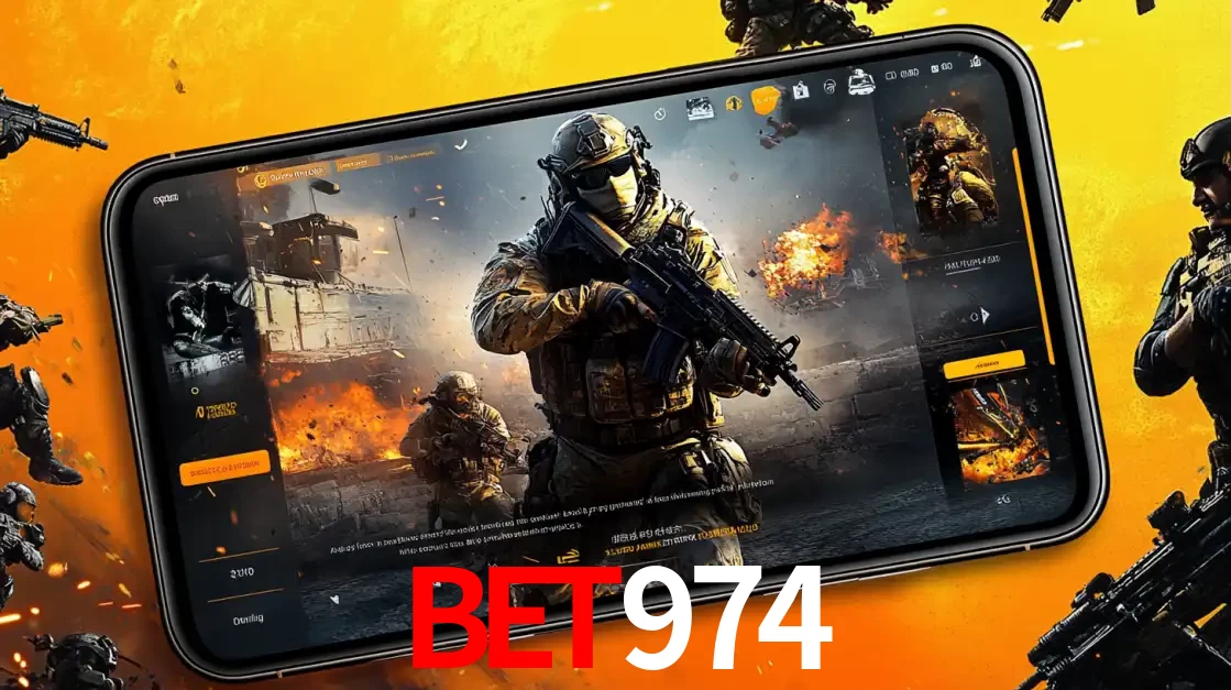 Um smartphone exibindo a interface de um jogo de tiro em primeira pessoa, com um soldado em um cenário de batalha, representando a ação dos e-sports para apostar no BET974.