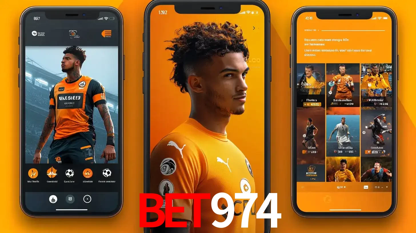 Interface do aplicativo de apostas esportivas BET974 em três telas de celular, mostrando o perfil de um jogador de futebol e a lista de jogos disponíveis para apostar.