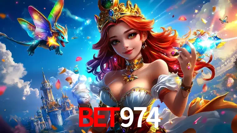 A princesa de um reino de fantasia mágico, com seu pequeno dragão, apresentando um mundo de prêmios encantados nos jogos de caça-níqueis do cassino BET974.