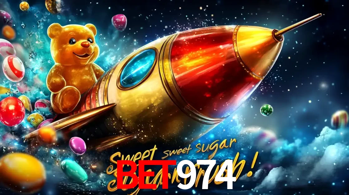 Arte promocional do jogo de slot Sugar Rush, com um urso de pelúcia em um foguete viajando pelo espaço de doces, um dos jogos divertidos disponíveis no cassino BET974.