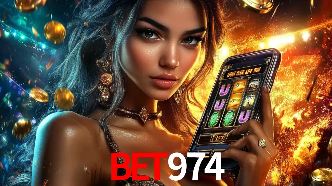 Mulher elegante mostrando um jogo de caça-níqueis em seu smartphone, destacando a experiência de cassino móvel oferecida pelo aplicativo BET974.