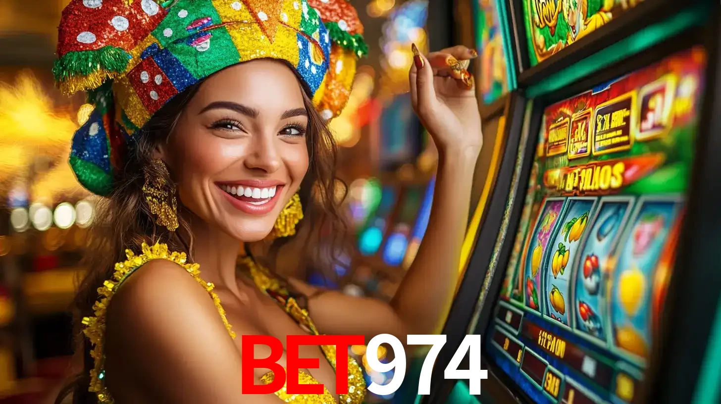 Mulher feliz com traje de carnaval amarelo e colorido ao lado de uma máquina de caça-níqueis, aproveitando a diversão e os jogos temáticos do cassino BET974.